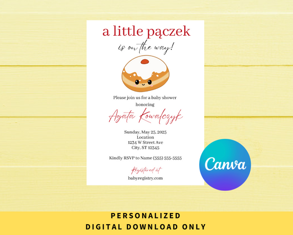 DIGITAL DOWNLOAD ONLY A Little Paczek Is On The Way Baby Shower Editable Invitation 5x7