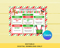 DIGITAL DOWNLOAD ONLY Editable Red Green Holiday Spirit Week Itinerary Poster 11x8.5