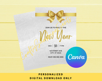 DIGITAL DOWNLOAD ONLY Gold Bow Ring In The New Year Editable Invitation 5x7