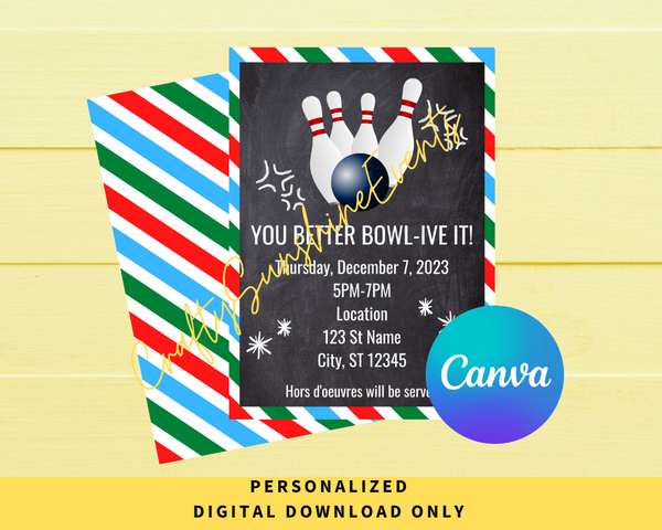 DIGITAL DOWNLOAD ONLY Holiday Bowling Party Event Editable Invitation 5x7