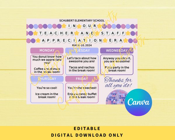 Editable In Our Teachers And Staff Appreciation Era Week Itinerary Poster