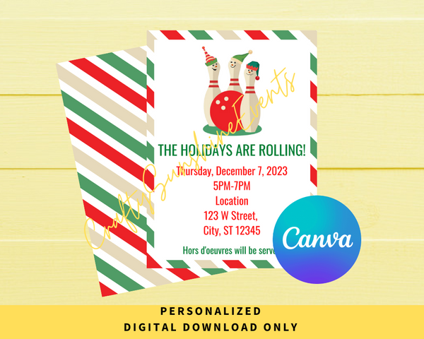 DIGITAL DOWNLOAD ONLY Holidays Are Rolling Bowling Party Event Editable Invitation 5x7