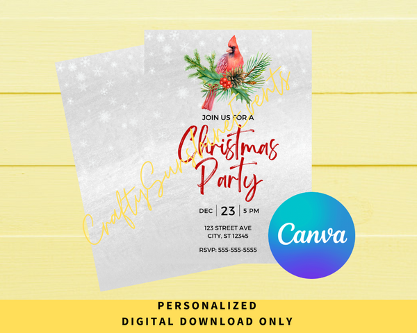 DIGITAL DOWNLOAD ONLY Red Cardinal Christmas Party Editable Invitation 5x7