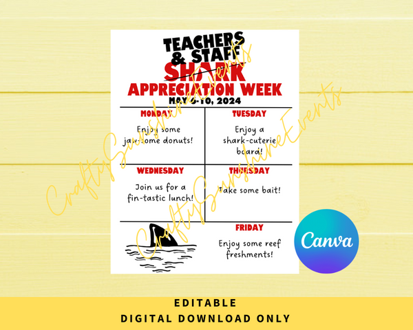 Editable Shark Themed Teachers & Staff Appreciation Week Itinerary Poster