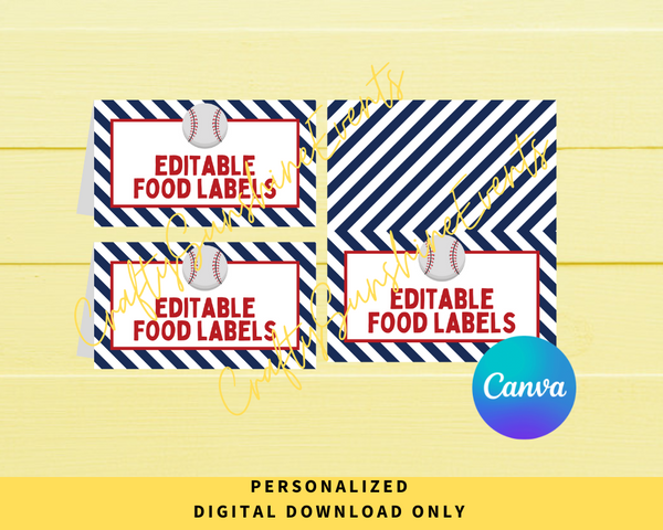 DIGITAL DOWNLOAD ONLY Editable Baseball Party Themed Food Label Tents