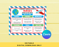 DIGITAL DOWNLOAD ONLY Editable Plane Theme Nurses Appreciation Week Itinerary Poster 11x8.5