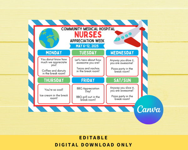 DIGITAL DOWNLOAD ONLY Editable Plane Theme Nurses Appreciation Week Itinerary Poster 11x8.5