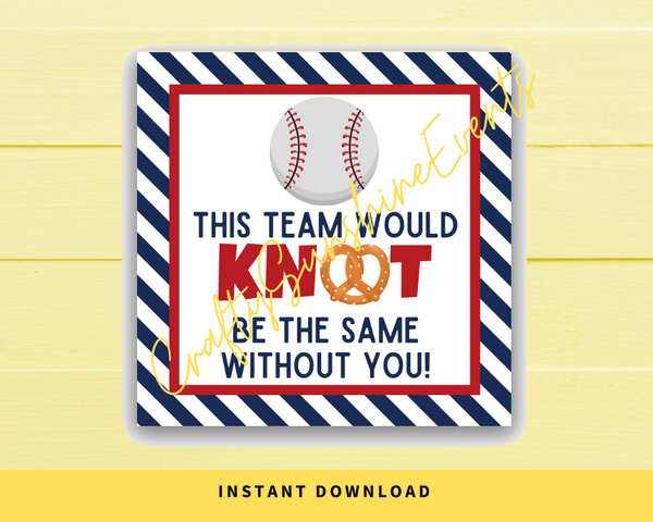INSTANT DOWNLOAD Baseball This Team Would Knot Be The Same Without You Pretzel Square Gift Tags 2.5x2.5