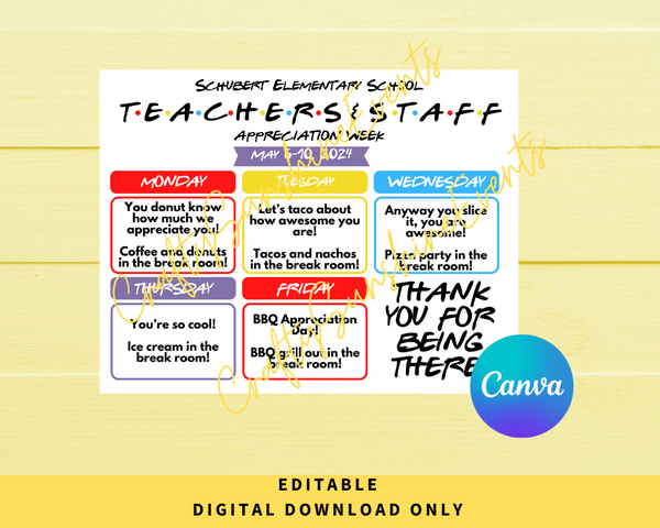 Editable Friends Themed Teachers & Staff Appreciation Week Itinerary Poster