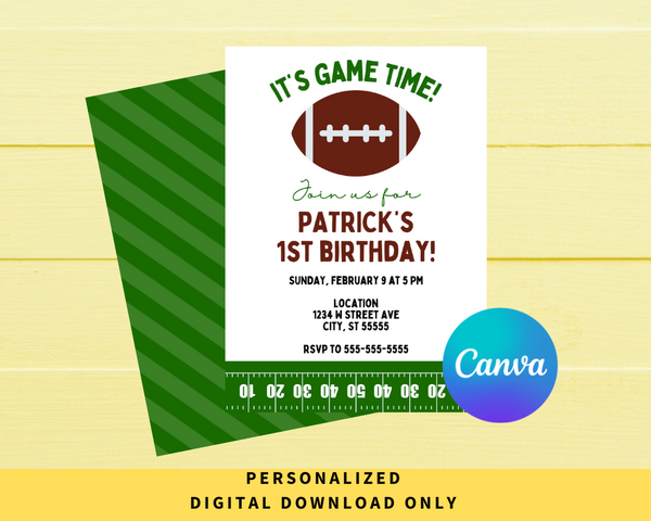 DIGITAL DOWNLOAD ONLY Football Themed Birthday Party Editable Invitation 5x7