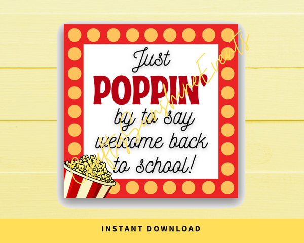 INSTANT DOWNLOAD Just Poppin' By To Say Welcome Back To School Popcorn Square Gift Tags 2.5x2.5