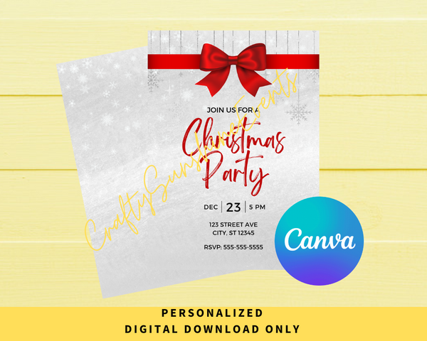 DIGITAL DOWNLOAD ONLY Red Bow Christmas Party Editable Invitation 5x7