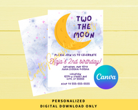 DIGITAL DOWNLOAD ONLY Two The Moon Birthday Party Editable Invitation 5x7