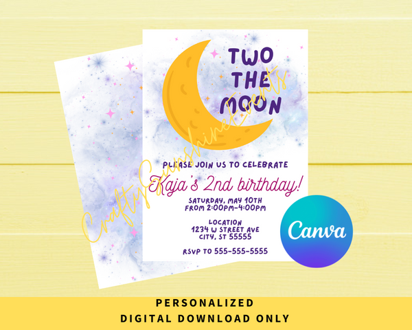 DIGITAL DOWNLOAD ONLY Two The Moon Birthday Party Editable Invitation 5x7