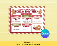 DIGITAL DOWNLOAD ONLY Editable Gingerbread Theme Holiday Spirit Week Itinerary Poster 11x8.5