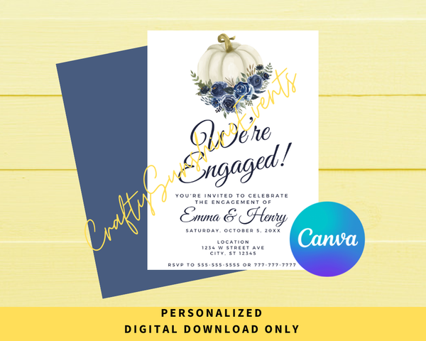 DIGITAL DOWNLOAD ONLY Floral Blue Pumpkin Fall Engagement Editable Invitation 5x7