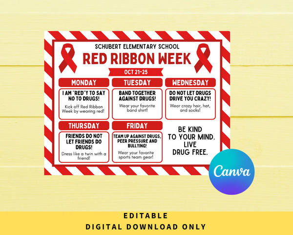 DIGITAL DOWNLOAD ONLY Editable Red Ribbon Week Itinerary Poster 11x8.5