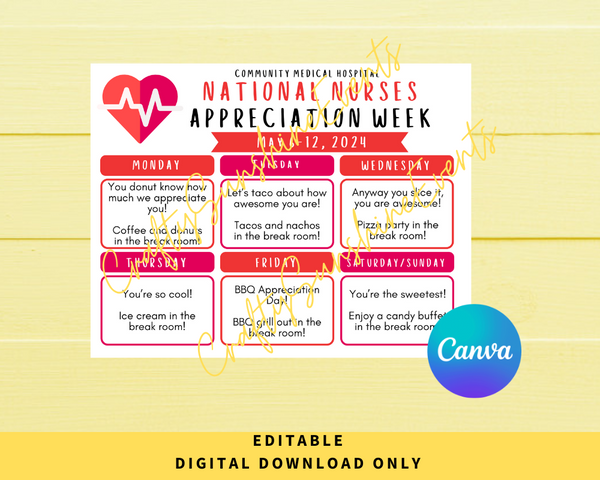 Editable National Nurses Week Appreciation Week Itinerary Poster