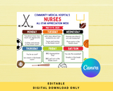 DIGITAL DOWNLOAD Sports Themed Nurses Appreciation Week Itinerary Poster 11x8.5