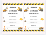INSTANT DOWNLOAD Construction Themed Teacher Questionnaire 5x7