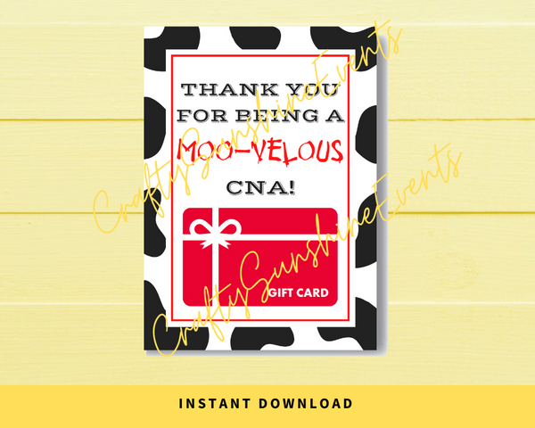 INSTANT DOWNLOAD Thank You For Being A Moo-Velous CNA Gift Card Holder 5x7