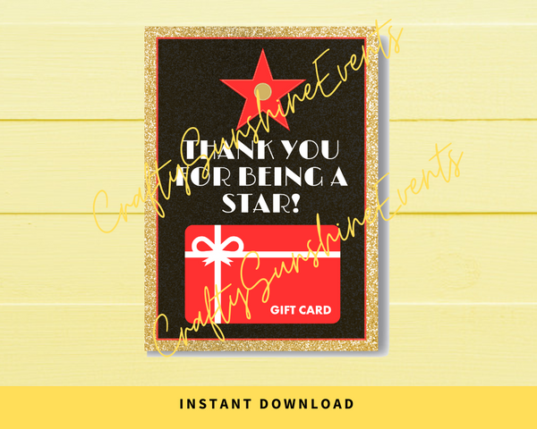 INSTANT DOWNLOAD Hollywood Themed Thank You For Being A Star Gift Card Holder 5x7