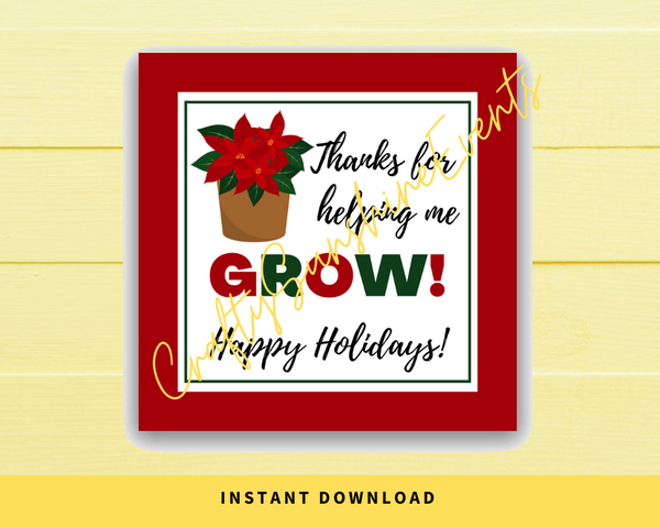 INSTANT DOWNLOAD Thanks For Helping Me Grow Poinsettia Happy Holidays Square Gift Tags 2.5x2.5