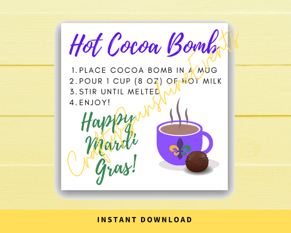 INSTANT DOWNLOAD Happy Mardi Gras Hot Cocoa Bomb Gift Tags 2x2