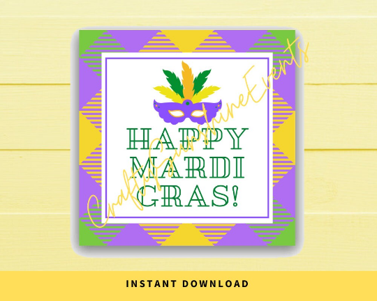 INSTANT DOWNLOAD Plaid Happy Mardi Gras Square Gift Tags 2.5x2.5