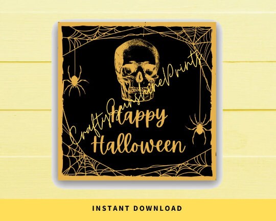 INSTANT DOWNLOAD Black and Gold Skull Happy Halloween 3x3 Gift Tags